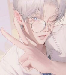 Rule 34 | 1boy, blue eyes, blue necktie, close-up, collared shirt, from above, glasses, grey hair, gugong (90 un), hand up, head tilt, highres, looking at viewer, male focus, mole, mole under eye, mole under mouth, necktie, one eye closed, original, parted bangs, parted lips, portrait, selfie, shirt, short hair, solo, v, white shirt