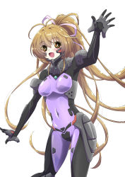 Rule 34 | 1girl, blush, breasts, bright pupils, brown eyes, brown hair, floating hair, fortified suit, hair ribbon, highres, kamon rider, katia waldheim, long hair, muv-luv, muv-luv alternative, open hand, open mouth, pilot suit, purple ribbon, ribbon, schwarzesmarken, small breasts, smile, solo, white background, white pupils
