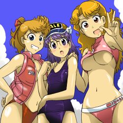 Rule 34 | 3girls, bare shoulders, baseball cap, beach, bikini, blonde hair, blue eyes, blush, bow, breasts, character name, cleavage, clothes writing, cloud, crop top, dr. slump, glasses, grin, hair bow, hand on own hip, hat, high ponytail, highres, jewelry, kimidori akane, large breasts, long hair, looking at viewer, matching hair/eyes, medium breasts, multiple girls, name tag, navel, no bra, norimaki arale, one-piece swimsuit, open clothes, open vest, outdoors, pendant, purple eyes, purple hair, purple one-piece swimsuit, purple school swimsuit, red bow, red eyes, red ribbon, ribbon, school swimsuit, see-through, sky, sleeveless, small breasts, smile, swimsuit, takaya n, teacher, underboob, v, vest, w, yamabuki midori