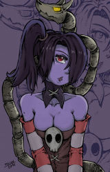 Rule 34 | 1girl, bad id, bad pixiv id, bare shoulders, blue hair, blue skin, breasts squeezed together, breasts, cleavage, collarbone, colored skin, cowboy shot, detached collar, detached sleeves, eyelashes, hair over one eye, highres, leviathan (skullgirls), long hair, looking at viewer, red eyes, side ponytail, skull, skullgirls, solo, squigly (skullgirls), stitched mouth, stitches, striped, striped sleeves, wide hips, zombie, zoom layer