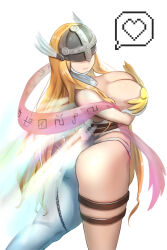 Rule 34 | 1girl, angel, angel girl, angewomon, ass, ass cutout, asymmetrical ass, asymmetrical ass cutout, asymmetrical clothes, asymmetrical legwear, belt, breasts, cleavage, clothing cutout, covered eyes, digimon, female focus, helmet, helmet over eyes, highres, large breasts, long hair, mask, revealing clothes, solo, wings