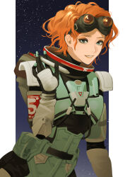 Rule 34 | 1girl, animification, apex legends, belt, black belt, black eyeshadow, black gloves, blue eyes, cable, eyeshadow, flat chest, freckles, gloves, goggles, goggles on head, highres, holding, holding pen, horizon (apex legends), looking at viewer, makeup, meriko, orange hair, parted lips, pen, pouch, short hair, smile, solo, space, spacesuit
