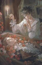 Rule 34 | 2boys, absurdres, aristocratic clothes, ascot, black coat, black hair, book, bookshelf, candle, candlestand, closed eyes, closed mouth, coat, coffin, commentary request, cross, curtains, extra eyes, facial tattoo, finger to mouth, flower, frilled sleeves, frills, fushiguro megumi, green eyes, hair between eyes, highres, holding, holding candle, jewelry, jujutsu kaisen, long sleeves, looking at viewer, male focus, multiple boys, necklace, pink flower, pink hair, red eyes, red flower, ring, ryoumen sukuna (jujutsu kaisen), shirt, short hair, shushing, spiked hair, tattoo, white shirt, woshihedawei, yaoi