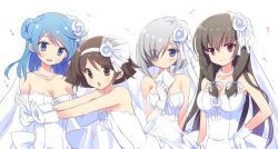 Rule 34 | 10s, 4girls, :o, alternate costume, bare shoulders, black hair, blue eyes, blue hair, blush, bow, breasts, bridal veil, bride, brown hair, double bun, dress, elbow gloves, flower, gloves, hair bow, hair bun, hair ornament, hair over one eye, hair ribbon, hairband, hamakaze (kancolle), isokaze (kancolle), jewelry, kantai collection, large breasts, long hair, looking at viewer, md5 mismatch, multiple girls, odawara hakone, one eye covered, open mouth, ornament, petals, red eyes, resized, resolution mismatch, ribbon, short hair, silver hair, simple background, smile, source larger, tanikaze (kancolle), tress ribbon, urakaze (kancolle), veil, wedding dress, white dress, white gloves