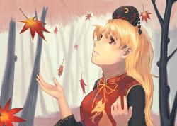 Rule 34 | 1girl, autumn leaves, blonde hair, chinese clothes, crescent moon, dress, hat, junko (touhou), kujou natsume, long hair, long sleeves, looking up, moon, open hands, parted lips, red eyes, ribbon, solo, touhou