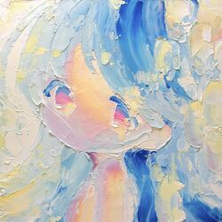 Rule 34 | 1girl, acrylic paint (medium), blue hair, bubble, colored skin, commentary request, from side, gradient skin, highres, impasto, long hair, looking at viewer, looking to the side, nude, oda mifuu, original, painting (medium), photo (medium), pink eyes, pink skin, solo, traditional media, upper body, yellow skin