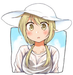 Rule 34 | 1girl, :o, blonde hair, blush, border, bra visible through clothes, breasts, commentary request, dripping, eyebrows visible through hat, hat, ichii yui, long hair, looking at viewer, low twintails, medium breasts, open mouth, see-through, shirt, solo, sweatdrop, tatsunokosso, twintails, upper body, water drop, wet, wet clothes, wet shirt, white hat, white shirt, yellow eyes, yuyushiki