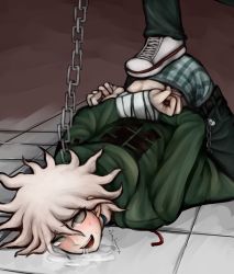Rule 34 | 10s, 2boys, :d, animal collar, arms behind back, bandages, bdsm, belt, blush, bondage, bound, bound wrists, boxers, chain, clenched hands, clothes pull, collar, danganronpa (series), danganronpa 2: goodbye despair, denim, drooling, grey eyes, heavy breathing, hinata hajime, jacket, jeans, komaeda nagito, long hair, looking up, male focus, male underwear, masochism, multiple boys, official style, open mouth, pants, pants pull, saliva, shoes, smile, stepped on, tezurumozuru, tile floor, tiles, underwear, white hair, yaoi