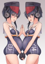Rule 34 | 10s, 2girls, asymmetrical hair, black hair, breasts, brown eyes, framed breasts, gloves, hair between eyes, holding hands, hat, headphones, i-13 (kancolle), i-14 (kancolle), kantai collection, looking at viewer, multiple girls, one-piece swimsuit, open mouth, partially fingerless gloves, pregnant, sailor collar, school swimsuit, short hair, siblings, single glove, sisters, small breasts, smile, swimsuit, symmetrical hand pose, taji (crowview)