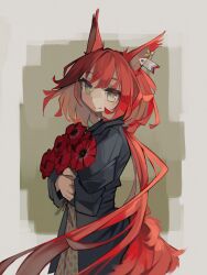 Rule 34 | 1girl, absurdres, alternate costume, animal ears, arknights, black coat, bouquet, bright pupils, brown background, brown eyes, closed mouth, coat, flametail (arknights), flower, highres, holding, holding bouquet, long hair, long sleeves, looking at viewer, low ponytail, open clothes, open coat, red flower, red hair, smile, solo, squirrel ears, togekk0, very long hair