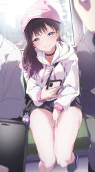 Rule 34 | 1girl, absurdres, asymmetrical hair, bag, bare legs, beanie, between breasts, between legs, black choker, black shorts, blue eyes, blurry, blurry foreground, blush, breasts, brown hair, cellphone, choker, choppy bangs, commentary request, hand between legs, hat, highres, holding, holding phone, hood, hoodie, long hair, long sleeves, looking at viewer, medium breasts, mokuyama hito, original, parted bangs, parted lips, people, phone, pink headwear, short shorts, shorts, shoulder bag, sitting, smartphone, smile, solo focus, strap between breasts, thighs, train, variant set, white hoodie