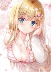 Rule 34 | 1girl, absurdres, bare shoulders, bikini, blonde hair, blurry, blurry background, blush, bow, breasts, buttons, cleavage, collarbone, collared shirt, day, dress shirt, front-tie bikini top, front-tie top, green eyes, hair bow, hair ornament, tucking hair, hand up, highres, inagaki minami, jacket, jewelry, large breasts, leaning forward, long hair, long sleeves, looking at viewer, medium breasts, necklace, off shoulder, open clothes, open mouth, open shirt, original, outdoors, parted lips, petals, pink bow, scan, shiny skin, shirt, sidelocks, sky, solo, sousouman, striped bikini, striped clothes, swimsuit, white shirt, wing collar