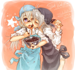 Rule 34 | 2012, 2girls, apron, blue eyes, blush, bowl, character name, licking another&#039;s cheek, chocolate, chocolate making, copyright name, couple, dated, eila ilmatar juutilainen, closed eyes, licking another&#039;s face, head scarf, licking, long hair, messy, mixing bowl, monochrome, multiple girls, one eye closed, ryou (shirotsumesou), sanya v. litvyak, short hair, silver hair, sleeves rolled up, spatula, star (symbol), strike witches, tongue, valentine, whisk, world witches series, yuri