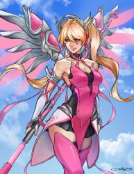 Rule 34 | 1girl, absurdres, black skirt, blonde hair, blue eyes, boots, breasts, cleavage, cloud, commentary, daniel deng, elbow gloves, energy wings, english commentary, fingerless gloves, flying, gloves, hair between eyes, highres, looking down, medium breasts, mercy (overwatch), official alternate costume, overwatch, overwatch 1, science fiction, signature, skirt, sky, solo, thigh boots, thighhighs, twintails