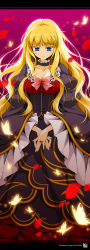 Rule 34 | 1girl, alternate hairstyle, arms in front, beatrice (umineko), blonde hair, blue eyes, bow, breasts, bug, butterfly, cleavage, collarbone, colored eyelashes, dress, eyelashes, hair down, highres, insect, jewelry, long hair, medium breasts, ornate ring, petals, pink bow, reina (black spider), ribbon, ring, rose petals, solo, umineko no naku koro ni, v arms, wedding ring