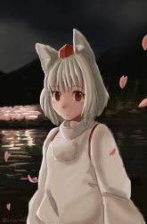 Rule 34 | animal ears, bad id, bad pixiv id, hat, highres, inubashiri momiji, light reflection (water), mountain, night, petals, pom pom (clothes), red eyes, smile, solo, soyocat, tokin hat, touhou, white hair, wolf ears