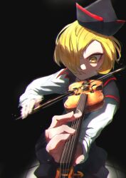 Rule 34 | 1girl, absurdres, black background, blonde hair, chromatic aberration, dark background, foreshortening, hair over one eye, hat, highres, holding, holding instrument, holding violin, instrument, lunasa prismriver, motion blur, music, perspective, playing instrument, serious, short hair, simple background, solo, sotatsudraw, touhou, tsurime, violin, yellow eyes