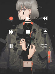 Rule 34 | 1girl, abstract, artist name, barcode, black background, black shirt, blunt bangs, bob cut, commentary, dated, english text, facial mark, grey eyes, grey hair, grey jacket, highres, jacket, jacket on shoulders, long sleeves, looking at viewer, looking to the side, midriff, navel, norizc, original, parted lips, play button, shirt, simple background, solo, standing