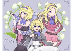Rule 34 | 1girl, arm under breasts, armor, bare shoulders, belt, black dress, blonde hair, breasts, cleavage, closed mouth, colored inner hair, constance von nuvelle, dated, detached sleeves, dress, earrings, fire emblem, fire emblem: three houses, fire emblem warriors: three hopes, floral background, garreg mach monastery uniform, hair between eyes, hair flip, hand on own chest, hand on own hip, headband, highres, holding, holding clothes, holding skirt, jewelry, large breasts, long hair, looking at viewer, multicolored hair, neckerchief, nintendo, official alternate costume, official alternate hairstyle, one eye closed, open mouth, pink dress, purple eyes, purple hair, purple headband, purple neckerchief, putisuke (putisuke13), ringlets, short dress, short hair, shoulder armor, skirt, twitter username, two-tone hair, variations, white dress