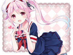 Rule 34 | 10s, 1girl, :d, beret, black serafuku, blue hair, commentary request, flower, gradient hair, hair flower, hair ornament, hair ribbon, harusame (kancolle), hat, heart, heart hands, kantai collection, long hair, looking at viewer, miniskirt, multicolored hair, omase (mnnk umai), open mouth, pink hair, pleated skirt, red eyes, ribbon, school uniform, serafuku, side ponytail, skirt, smile, solo
