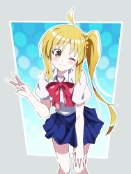 Rule 34 | 1girl, ;), absurdres, ahoge, blonde hair, blue background, blue skirt, blush, bocchi the rock!, bow, closed mouth, collared shirt, commentary, feet out of frame, grey background, hair between eyes, hand on own thigh, hand up, head tilt, highres, ijichi nijika, long hair, looking at viewer, miniskirt, noyama takenoko, one eye closed, orange eyes, pleated skirt, polka dot, polka dot bow, red bow, school uniform, shirt, short sleeves, side ponytail, sidelocks, simple background, skirt, smile, solo, standing, tareme, two-tone background, v, very long hair, weapon
