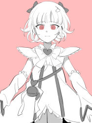 Rule 34 | 1girl, asa me daiki, blunt bangs, bow, bowtie, cosplay request, danganronpa (series), danganronpa 2: goodbye despair, detached sleeves, dress, galaga, greyscale with colored background, hair bow, hair ornament, heart, highres, light smile, multiple hair bows, nanami chiaki, pink background, short hair, sketch, solo, spot color, upper body