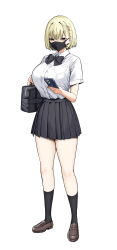 Rule 34 | 1girl, bag, black bow, black bowtie, black skirt, black socks, blonde hair, bow, bowtie, breast pocket, breasts, brown eyes, brown footwear, cellphone, collared shirt, commentary, covered mouth, full body, hair ornament, highres, himeko (sky-freedom), large breasts, looking at phone, mask, mouth mask, original, phone, pleated skirt, pocket, shirt, shirt tucked in, shoes, short sleeves, shoulder bag, simple background, skirt, sky-freedom, smartphone, socks, solo, thighs, white background, white shirt