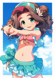 Rule 34 | 1girl, :d, asada hachi, banned artist, baseball cap, bikini, bikini skirt, blouse, blue shirt, blue sky, blush, border, bow, bowtie, brown hair, cloud, commentary, day, flat chest, flower, frilled bikini, frills, front-tie bikini top, front-tie top, green eyes, green hat, hair flower, hair ornament, happy, hat, highres, idolmaster, idolmaster cinderella girls, interlocked fingers, kusakabe wakaba, long hair, looking at viewer, mismatched bikini, navel, open clothes, open mouth, open shirt, outdoors, outside border, own hands clasped, own hands together, pink bikini, shirt, sky, smile, solo, standing, stomach, stretching, swimsuit, twitter username, watermark, wavy hair, white border, yellow bow, yellow bowtie