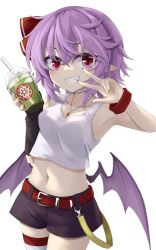 Rule 34 | 1girl, akisome hatsuka, alternate costume, bat wings, belt, black shorts, breasts, cowboy shot, cup, fingernails, grin, holding, holding cup, jewelry, long fingernails, looking at viewer, low wings, medium breasts, navel, pendant, pointy ears, purple hair, red eyes, remilia scarlet, short hair, shorts, simple background, single thighhigh, smile, solo, standing, tank top, thighhighs, touhou, w, white background, wings