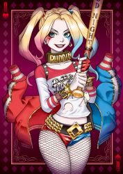 Rule 34 | 1girl, baseball bat, batman (series), blonde hair, choker, dc comics, colored tips, fishnets, harley quinn, highres, jacket, lipstick, makeup, multicolored hair, solo, suicide squad, twintails, weapon