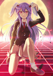 Rule 34 | 1girl, animal ears, blazer, breasts, collared shirt, crescent, crescent pin, dirty, dirty face, dream world (touhou), full moon, hair between eyes, jacket, kumamizawa, loafers, long hair, long sleeves, looking at viewer, medium breasts, moon, necktie, pink skirt, rabbit ears, red eyes, red necktie, reisen udongein inaba, shirt, shoes, skirt, socks, solo, sweatdrop, torn clothes, touhou, v-shaped eyebrows, white shirt