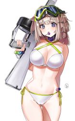 Rule 34 | 1girl, aa-12, aa-12 (girls&#039; frontline), aa-12 (the sun never rises) (girls&#039; frontline), absurdres, automatic shotgun, b:ga, bad id, bad pixiv id, bare arms, bare shoulders, bead bracelet, beads, bikini, blue eyes, bracelet, breasts, brown hair, candy, cleavage, collarbone, combat shotgun, cowboy shot, criss-cross halter, drum magazine, food, girls&#039; frontline, gluteal fold, goggles, goggles on head, groin, gun, halterneck, high-capacity magazine, highres, holding, holding gun, holding weapon, jewelry, large breasts, lollipop, looking at viewer, magazine (weapon), mouth hold, name connection, navel, object namesake, short hair, shotgun, side-tie bikini bottom, sidelocks, signature, solo, stomach, swimsuit, thigh gap, thighs, trigger discipline, weapon, white bikini