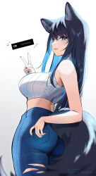 Rule 34 | 1girl, animal ears, ass, bare arms, bare shoulders, blue eyes, blue hair, breasts, hand up, highres, large breasts, long hair, looking at viewer, looking back, original, pants, parted lips, reiko (tofuubear), shirt, sleeveless, smile, solo, tail, tofuubear, torn clothes, torn pants, v, white background, white shirt
