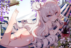 Rule 34 | + +, 14c, 1girl, :p, absurdres, arm garter, ass, azur lane, bare arms, bare legs, bare shoulders, barefoot, bikini, blue eyes, blush, book, commentary request, day, double bun, feet, flower, hair between eyes, hair bun, hammock, headphones, highres, le malin (azur lane), le malin (mercredi at the secret base) (azur lane), leg up, long hair, looking at viewer, open mouth, outdoors, petals, purple flower, revision, saliva, saliva trail, shiny skin, sidelocks, silver hair, soda bottle, soles, solo, swimsuit, symbol-shaped pupils, toes, tongue, tongue out, very long hair, white bikini
