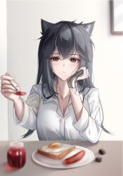 Rule 34 | 1girl, animal ear fluff, animal ears, arknights, black hair, blush, bread slice, breasts, chinese commentary, cleavage, closed mouth, collarbone, collared shirt, dress shirt, food, fried egg, highres, holding, holding spoon, indoors, jar, large breasts, long hair, long sleeves, looking at viewer, plate, red eyes, sausage, shirt, shokuyou koori, solo, spoon, texas (arknights), toast, upper body, white shirt, wolf ears