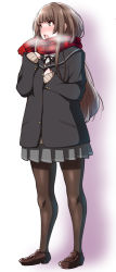 Rule 34 | 1girl, :o, amagami, black jacket, blazer, blunt bangs, blush, brown eyes, brown footwear, brown hair, brown pantyhose, eyebrows, full body, grey skirt, hands on own chest, jacket, kamizaki risa, loafers, long hair, nose blush, open mouth, pantyhose, plaid, plaid scarf, pleated skirt, red scarf, scarf, school uniform, shoes, shouji nigou, simple background, skirt, solo, standing, tareme, very long hair, white background