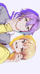 Rule 34 | 2boys, asymmetrical bangs, blonde hair, blue hair, cardigan, collared shirt, commentary request, diagonal-striped clothes, diagonal-striped necktie, earrings, fingernails, gradient hair, grey cardigan, hair between eyes, hand on another&#039;s face, highres, isobeyou, jewelry, kamishiro rui, kamiyama high school uniform (project sekai), long sleeves, looking at viewer, male focus, multicolored hair, multiple boys, necktie, open mouth, orange eyes, orange hair, project sekai, purple hair, school uniform, shirt, short hair, simple background, striped clothes, stud earrings, teeth, tenma tsukasa, tongue, two-tone hair, upper body, yellow cardigan, yellow eyes