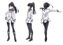 Rule 34 | 10s, 1girl, ascot, back, black hair, black legwear, boots, buttons, female focus, long hair, looking at viewer, purple eyes, qualidea code, rindou hotaru, simple background, skirt, solo, standing, white background