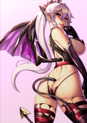Rule 34 | 1girl, ass, back, black gloves, black panties, black thighhighs, braid, breasts, butt crack, corruption, covered erect nipples, cowboy shot, dark persona, demon girl, demon tail, demon wings, elbow gloves, finger to mouth, from behind, gloves, halterneck, halterneck, highres, large breasts, leafa, long hair, looking back, miyashiro ryuutarou, panties, pink background, pointy ears, ponytail, purple hair, slit pupils, solo, sword art online, tail, thigh strap, thighhighs, tongue, tongue out, underboob, underwear, wings, yellow eyes