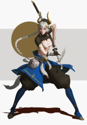 Rule 34 | 1girl, absurdres, armlet, black nails, bracelet, braid, breasts, commentary request, fighting stance, fingernails, gloves, grey background, grey hair, highres, holding, holding sword, holding weapon, jewelry, jolker, katana, long fingernails, long hair, looking at viewer, medium breasts, nail polish, navel, pink eyes, sarashi, sheath, sheathed, simple background, single glove, solo, sword, sword behind back, very long hair, weapon, white background