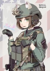 Rule 34 | 1girl, absurdres, alma01, ammunition belt, ammunition pouch, animal ears, artist name, assault rifle, bad id, bad twitter id, black gloves, black shirt, brown hair, bulletproof vest, camouflage, cat ears, character name, commentary, cuffs, emblem, english text, fake animal ears, fang, gloves, green eyes, green jacket, gun, gun sling, handcuffs, headset, helmet, highres, jacket, long sleeves, m4 carbine, magazine (weapon), name tag, original, parted lips, paw pose, police, pouch, rifle, scope, shirt, signature, smile, solo, magazine (weapon), star (symbol), swept bangs, tactical clothes, twitter username, united states marshal, weapon