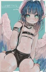 Rule 34 | 1girl, @ @, bare shoulders, belt collar, belt bra, blue background, blue hair, border, breasts, closed mouth, collar, commission, ebimomo, fang, fang out, green eyes, hand up, heart, highres, horns, jewelry, leash, looking at viewer, navel, original, outside border, pale skin, ring, short hair, signature, simple background, sitting, skeb commission, small breasts, solo, spread wings, wariza, white border