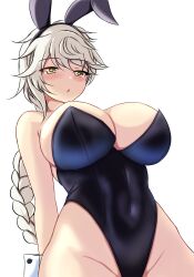Rule 34 | 1girl, animal ears, asymmetrical hair, black leotard, blush, braid, braided ponytail, breasts, covered navel, cowboy shot, detached collar, fake animal ears, highleg, highleg leotard, highres, kantai collection, large breasts, leotard, long hair, looking at viewer, montemasa, open mouth, playboy bunny, rabbit ears, rabbit tail, simple background, single braid, solo, strapless, strapless leotard, tail, unryuu (kancolle), very long hair, wavy hair, white background, white hair, wrist cuffs, yellow eyes