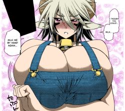 Rule 34 | 10s, 1girl, animal ears, bare shoulders, black hair, blush, breast hold, breasts, cathyl, cleavage, cow ears, full-face blush, gigantic breasts, horns, looking at viewer, minotaur, monster girl, monster musume no iru nichijou, motion lines, multicolored hair, no bra, overalls, parted lips, purple eyes, sideboob, silver hair, solo, upper body