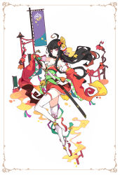 Rule 34 | 1girl, ahoge, autumn leaves, banner, bare shoulders, battle standard, bell, black hair, blush, boots, breasts, choker, cleavage, detached sleeves, earrings, fire, hair ornament, highres, ideolo, japanese clothes, jewelry, jingle bell, katana, leaf, long hair, looking at viewer, maple leaf, medium breasts, miko, nobori, obi, purple eyes, sakuya (stella glow), sash, smile, solo, stella glow, sword, thigh boots, thighhighs, torch, war banner, weapon, white background, white footwear, white thighhighs, zettai ryouiki