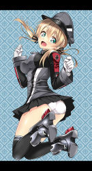 Rule 34 | 10s, 1girl, :d, amagai yukino, aqua eyes, ass, black thighhighs, blonde hair, breasts, gloves, hat, jumping, kantai collection, letterboxed, long hair, looking at viewer, low twintails, open mouth, panties, pantyshot, peaked cap, prinz eugen (kancolle), smile, solo, thighhighs, twintails, underwear, white gloves, white panties