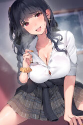 Rule 34 | 1girl, absurdres, black hair, blush, breasts, cleavage, clothes around waist, commentary request, earrings, highres, indoors, inushima, jewelry, large breasts, long hair, looking at viewer, nail polish, original, red eyes, school uniform, shirt, skirt, solo, sweater, sweater around waist, thighs, white shirt, window