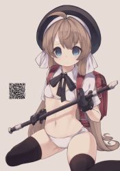 Rule 34 | 1girl, ahoge, backpack, bag, beret, black bow, black gloves, black thighhighs, blue eyes, blush, bow, bra, brown background, brown hair, brown hat, closed mouth, commentary request, flute, gloves, hair ribbon, hat, holding, holding instrument, instrument, long hair, looking at viewer, natsuki teru, navel, original, panties, qr code, randoseru, recorder, ribbon, short sleeves, sidelocks, simple background, sitting, solo, thighhighs, underwear, very long hair, wariza, white bra, white panties, white ribbon