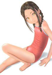 Rule 34 | 1girl, barefoot, braid, brown eyes, competition school swimsuit, foot out of frame, highres, looking at viewer, one-piece swimsuit, original, red one-piece swimsuit, school swimsuit, simple background, sitting, smile, solo, swimsuit, twin braids, uzuki mei, white background