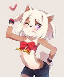 Rule 34 | 1girl, animal ears, armband, blush, breasts, child, eyebrows, flat chest, furry, furry female, heart, highres, looking at viewer, one eye closed, original, purple eyes, ribbon, salute, short hair, shorts, simple background, small breasts, smile, solo, tail, tongue, tongue out, white hair, yuuki (yuyuki000)